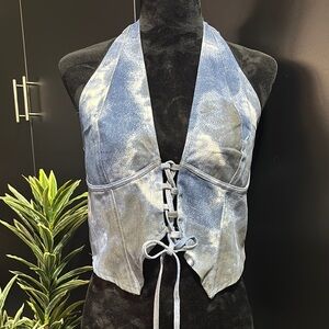 PrettyLittleThing Halter, Plunge V-neck,blue washed twill, lace up,button back